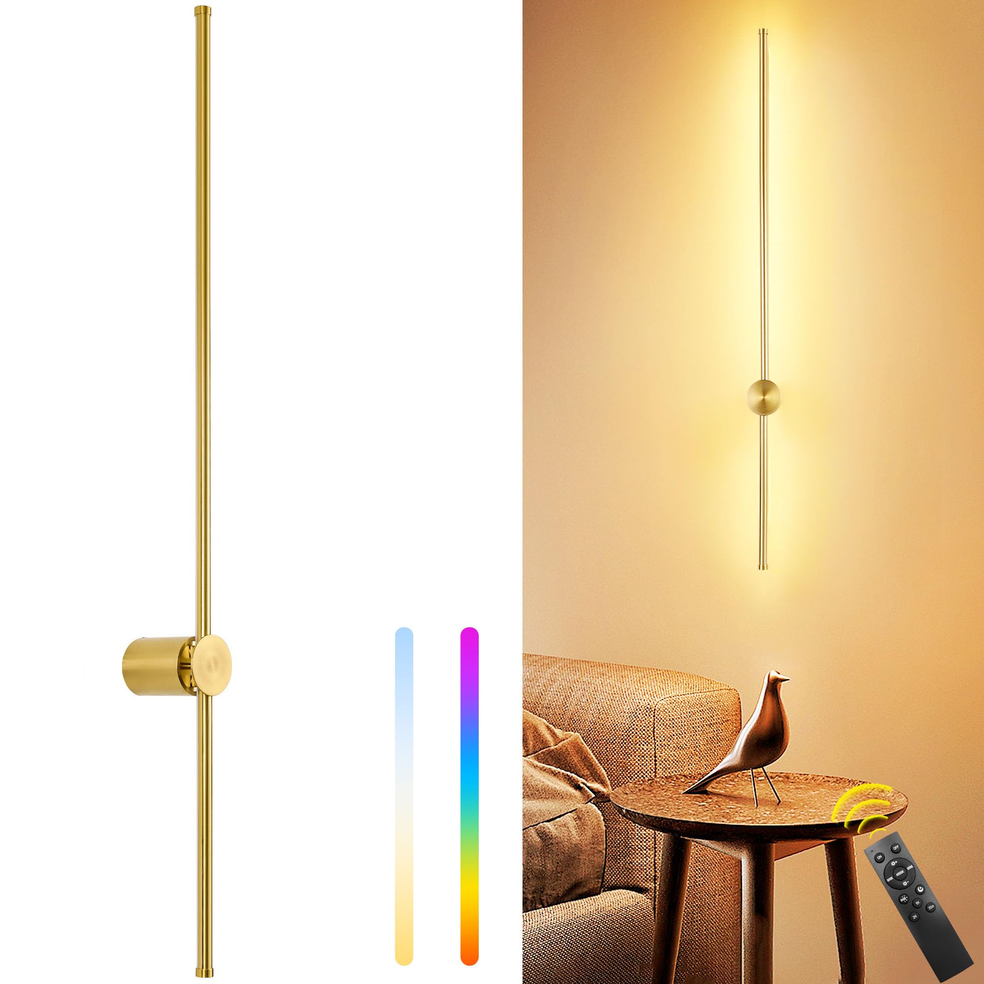 GOODATE 39.4 Inch Battery Operated Wall Sconce, 12000mAh Rechargeable Wall Sconce with Remote Control, Dimmable LED Wireless Wall Light for Bedroom, Living Room, 15 Colors, 180° Rotate, Gold, 1 Pack
