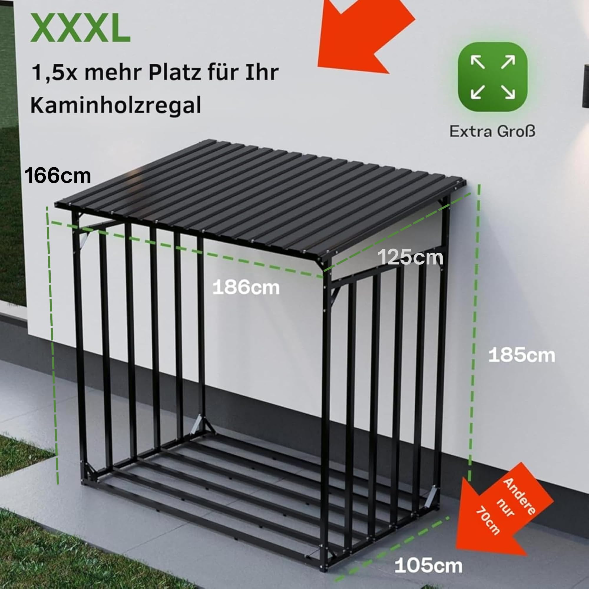 Gartenzeit® Kaminholzregal Außen XXXL 186x105x185cm – 3,45m³, 5,25SRM, Metallrahmen 30x30mm, Metalldach, feuerverzinkt, 105cm tief, Brennholzregal Holzstapelhilfe Holzunterstand Außen