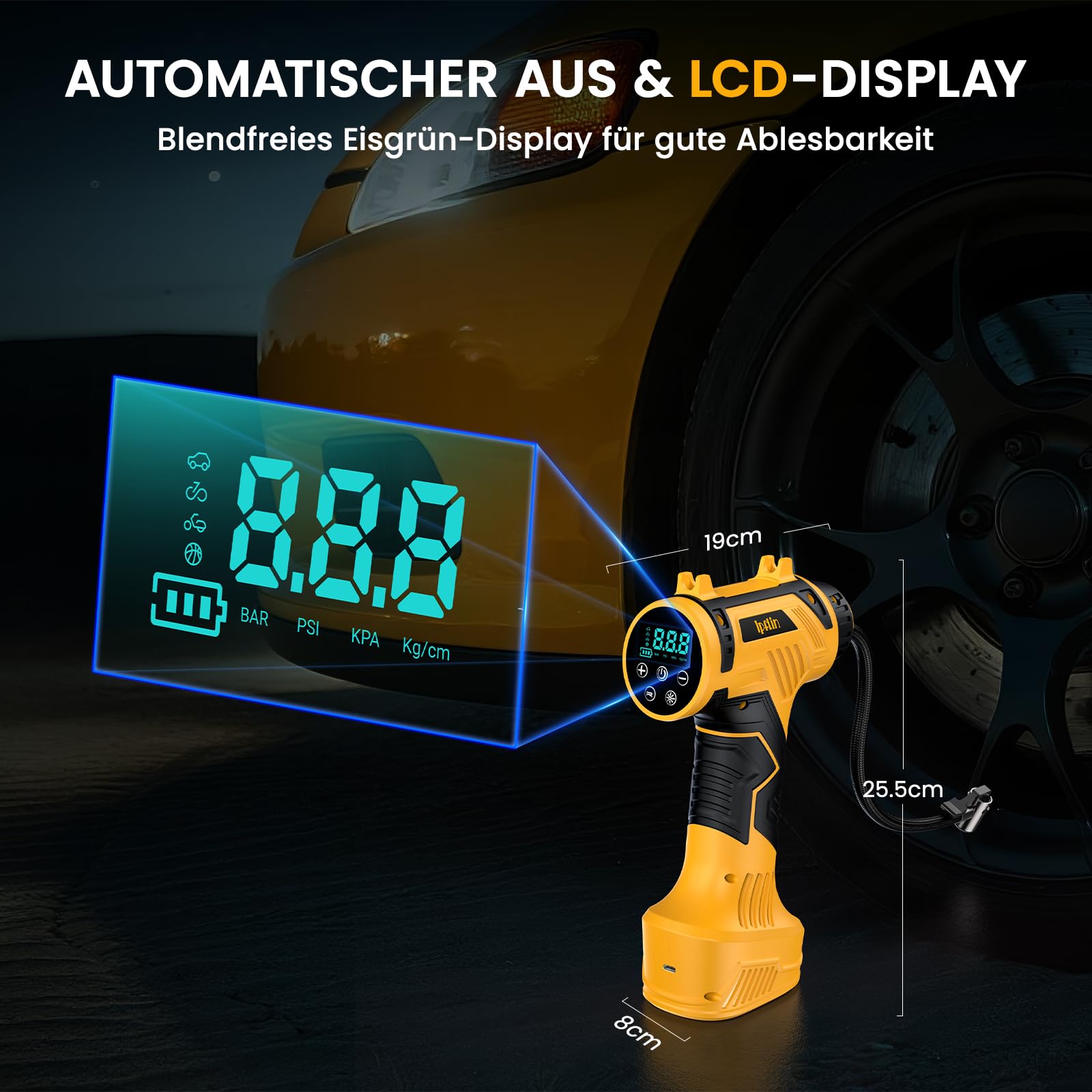 Elektrische Auto Luftpumpe Akku Fahrradpumpe - Tragbare Luftpumpe Fahrrad 150PSI - 22L/min Akku Kompressor mit LED-Anzeige/Licht - 4 Voreingestellte Modi für Auto/Fahrrad/Motorrad/Ball - 4
