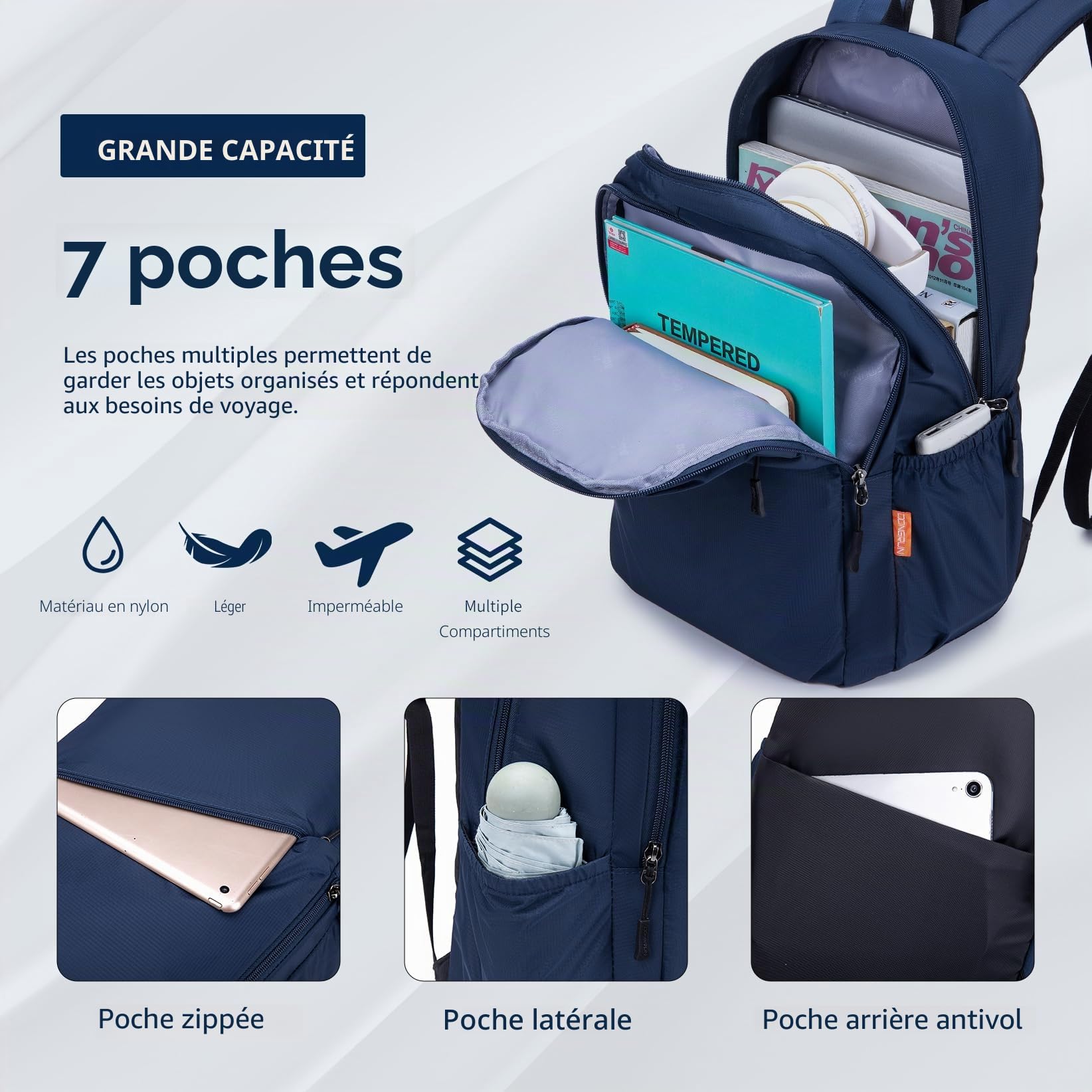 40x30x15cm Air France British Airways Wizzair Sac a Dos Voyage Bagage Cabine Avion Vueling sous Le Siege, Imperméable Nylon Sac à Dos Ordinateur Portable 14 Pouces pour Femme Homme