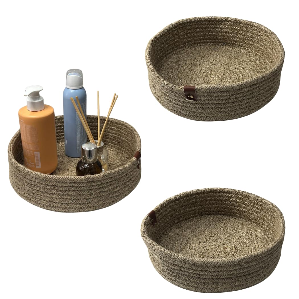 Jute Rope Round Storage Baskets, Set of 3, Brown, Fabric Basket Organisers, Organiser Tray Set, Brown Baskets - Perfect for Declutterig Countertops, Shelves and Tables