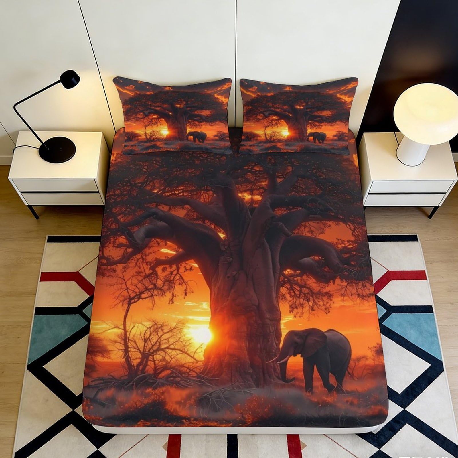 3D Printed Sunset Baobab Fitted Sheet Microfiber Soft African Elephant Mattress Cover for Bedroom Guestroom Decor 120x200x25cm