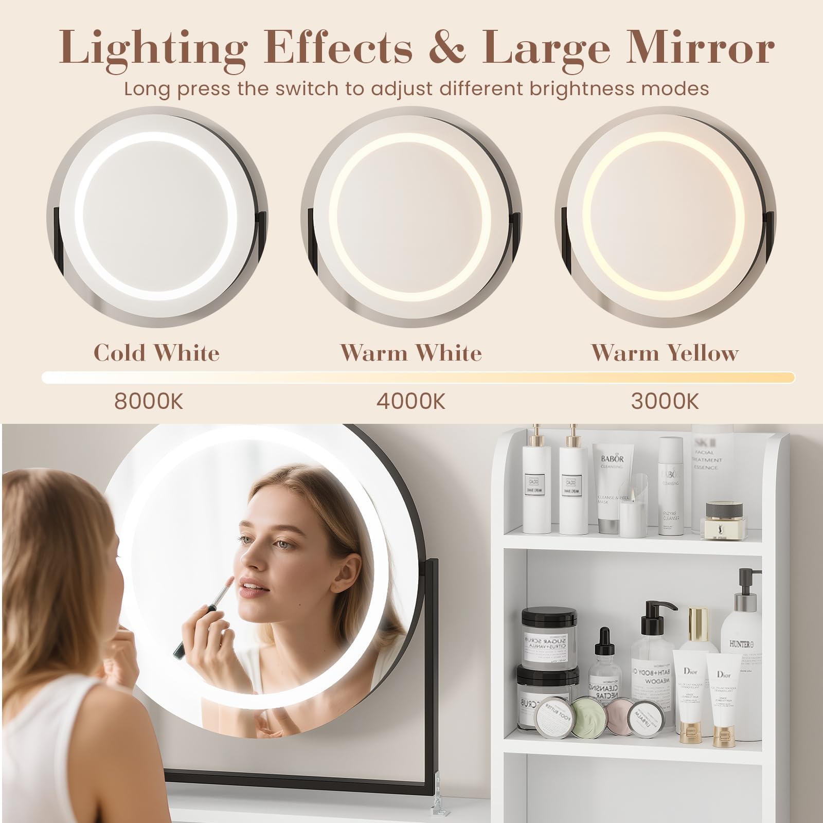 Coiffeuse avec Miroir et Tabouret, Éclairage LED Réglable | 3 Couleurs