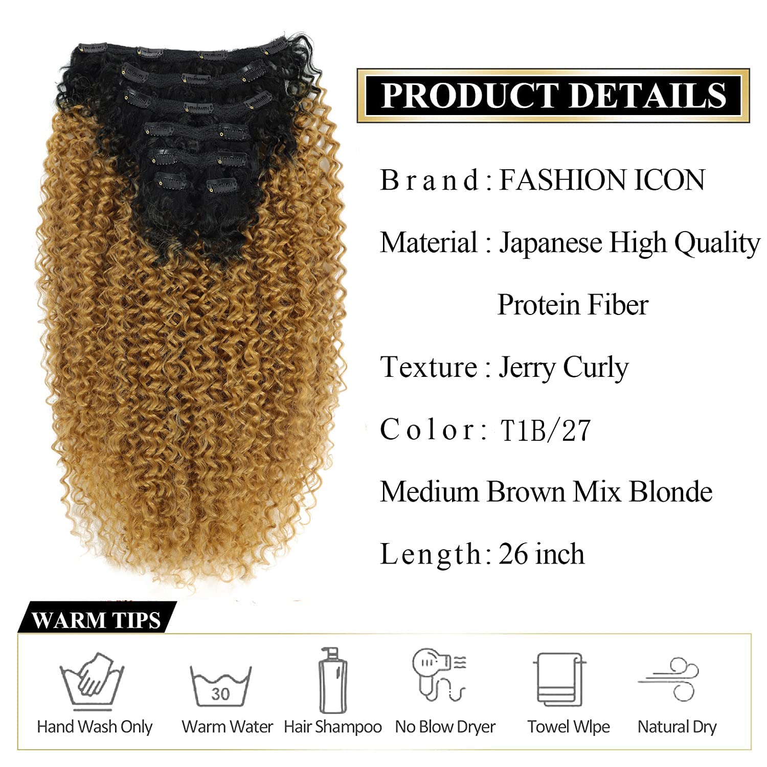 Curly Clip in Hair Extensions Clips in-Human Hair Feelings Ombre Honey Blonde Curly Hair Extensions for Black Women Jerry Hair Extensions curly hair clip in extensions(T1B/27,5.11OZ)