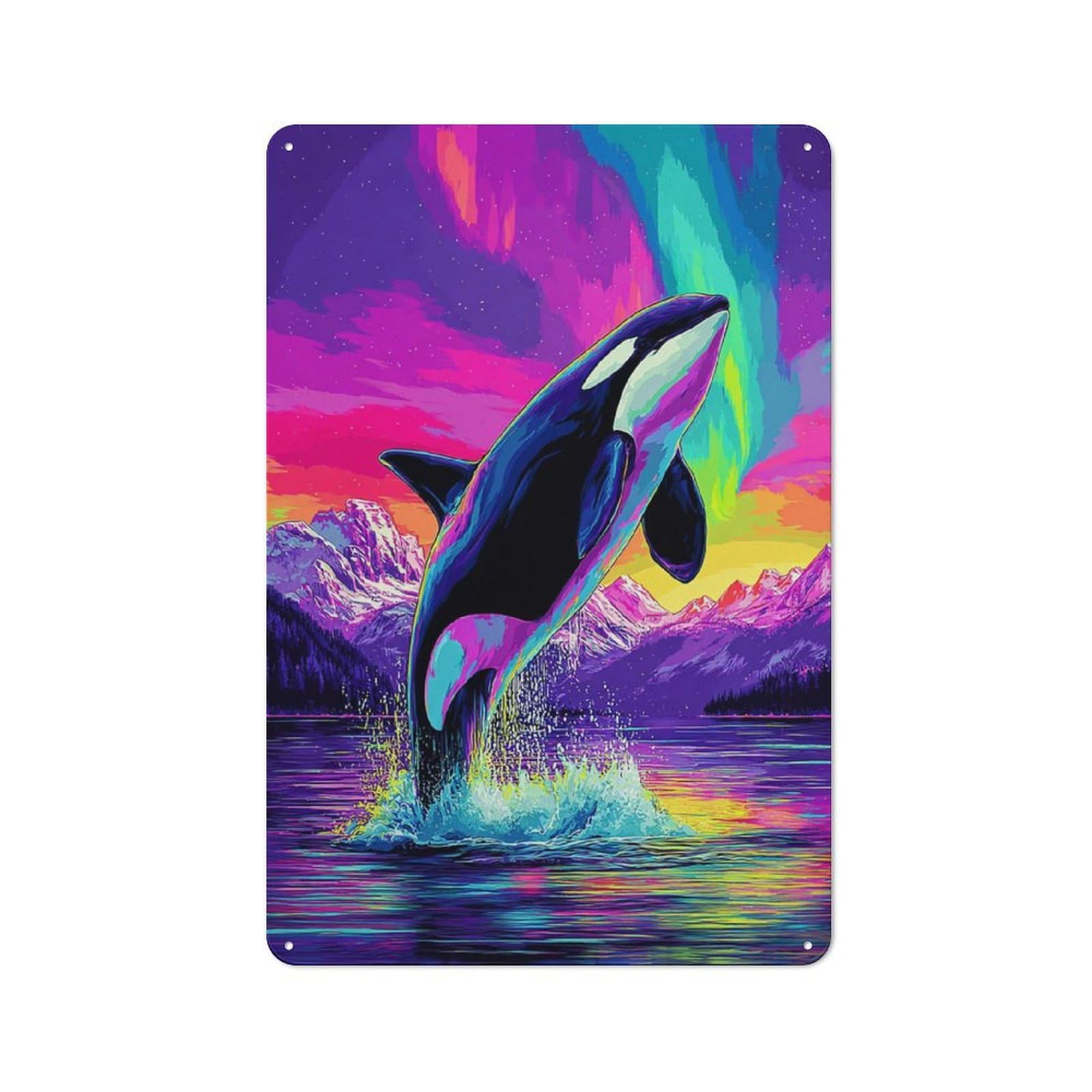 Whale in Vibrant Aurora Sky Country Metal Wall Decor 30x20cm, Tin Wall Plaque for Cottage, Kitchen, Hallway Or Breakfast Nook