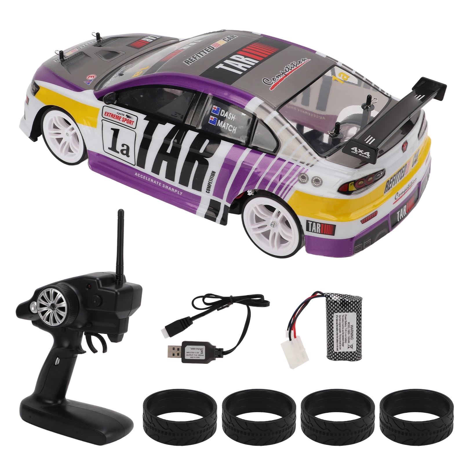 VGEBY 1/10 2.4G 4WD RC Samochód Wyścigowy do Driftu, Dioda LED Dużej Mocy, Lampa Kaskaderska, Zdalnie Sterowana, Zabawka Elektryczna z podwójną komorą Baterii i Oponami do Driftu, dla (2 baterie)