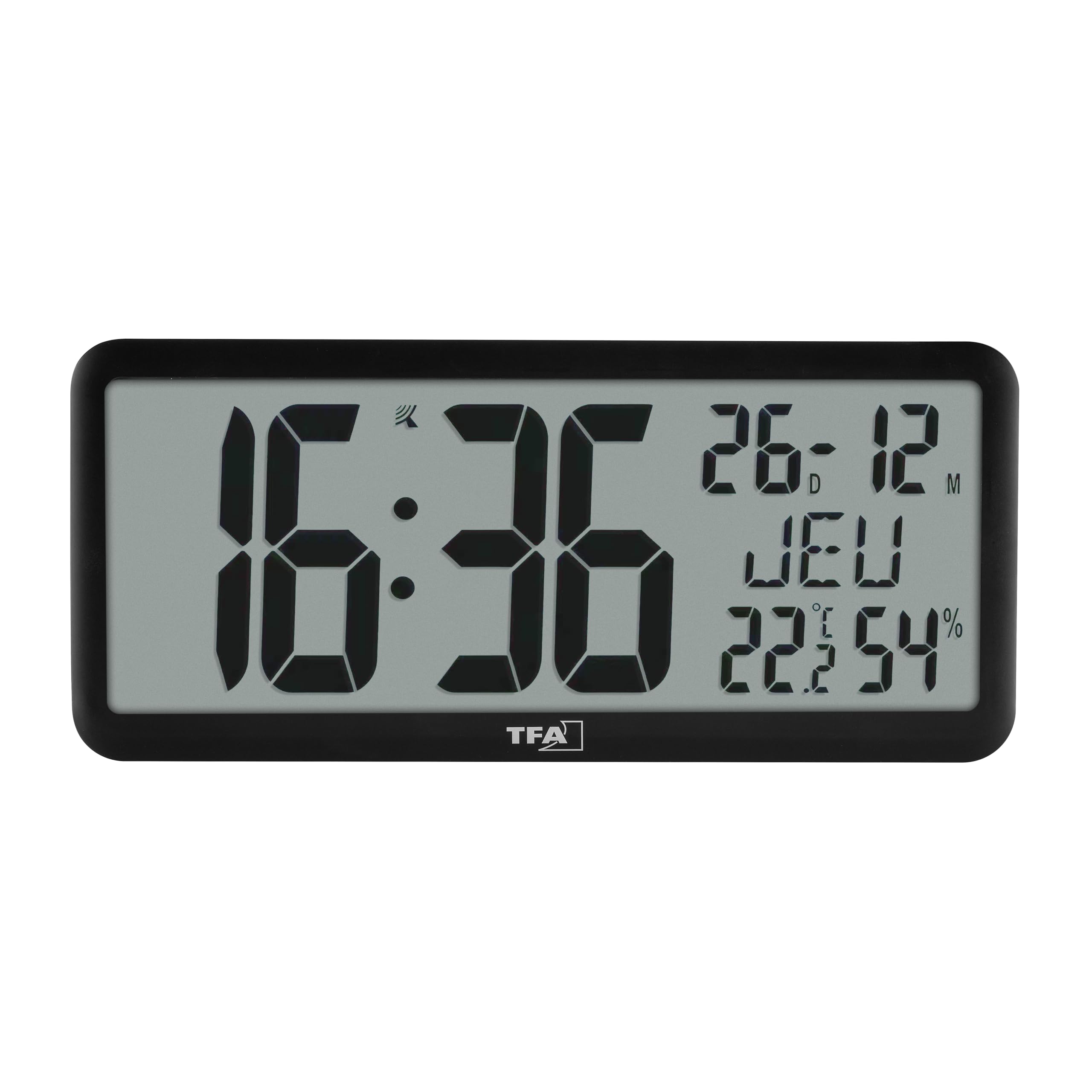 TFA Dostmann Horloge murale numérique geante XXL, 60.4525, avec température et humidité intérieures, avec calendrier, pour le bureau, les seniors, la cuisine, radio-pilotée, avec fonction réveil, noir