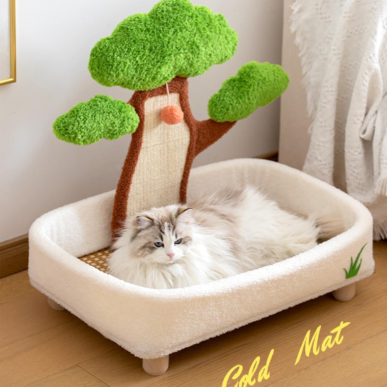 Cama para Mascotas – Cueva para Gatos en Maceta de Pino con Bola de Felpa | y almohadilla para rascar, cueva extraíble y lavable para mascotas, para , sala de estar, dormitorio al lado
