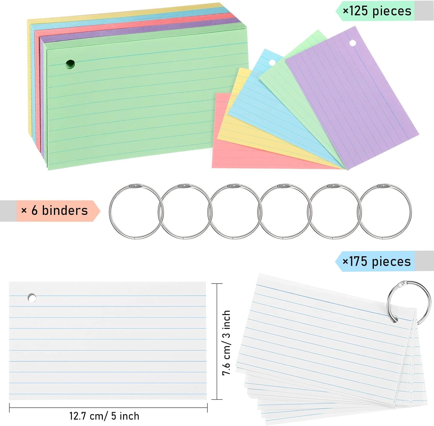 300 Pieces Index Cards Flash Cards with Rings Punched Index Cards Flashcards On a Ring for Studying Ruled Color Note Cards for Adults Kids Home Classroom Office (3 x 5 Inch)