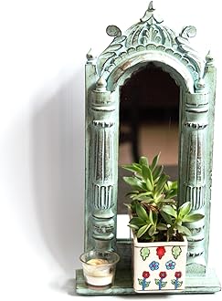 CULTURWAY Countryside Wooden Rectangular Wall Hanging Jharokha Wall Mount Framed Mirror for Living Room, Bedroom, Home Decor (45x25x8 cms)