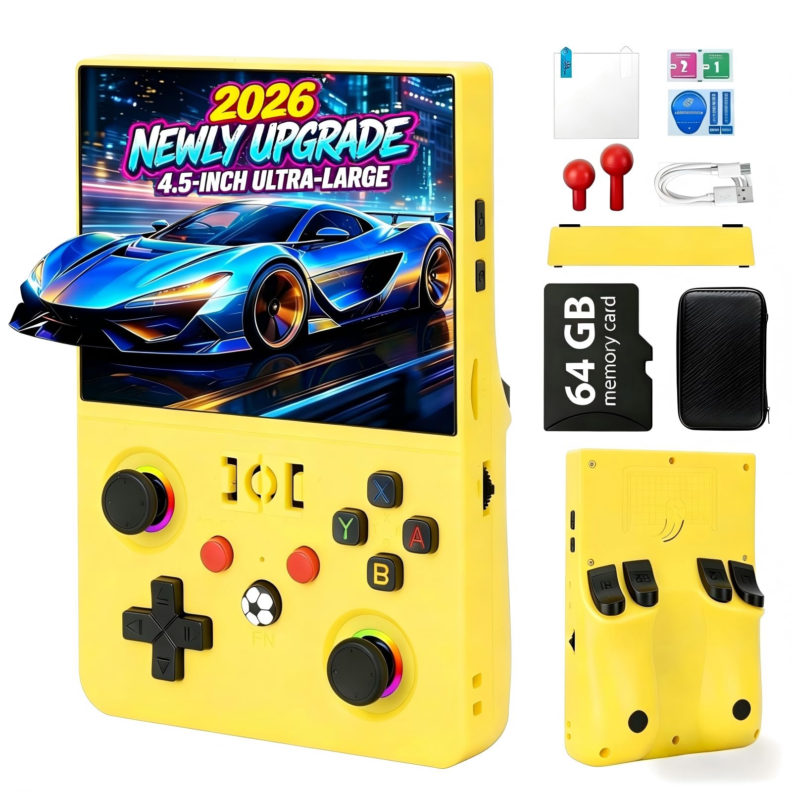Blidinner 2026 NEW Upgrade R36MAX Ⅱ Retro Handheld Video Game Console-4.5 Inch Ultra-Large Screen,Support 18000+ Classic Games,64G TF Card,Linux System,4000mAh Battery,Birthday Gift for Friends-Yellow — image 1