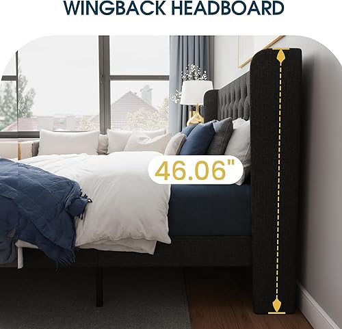 Miniatura 19 de WEEWAY Base de cama tapizada tamaño Queen con cabecera copetuda con respaldo de alas, plataforma moderna con soporte de listones de madera, fácil