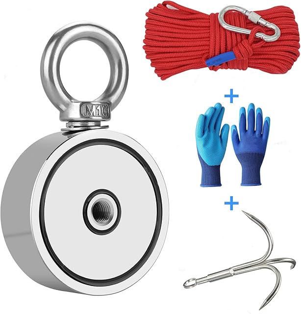 Fishing Magnet with Grappling Hooks66ft Rope & Glove,760LB Pulling Force Super Strong Neodymium Magnet with Heavy Duty Rope & Carabiner for Magnet Fishing and Retrieving in River