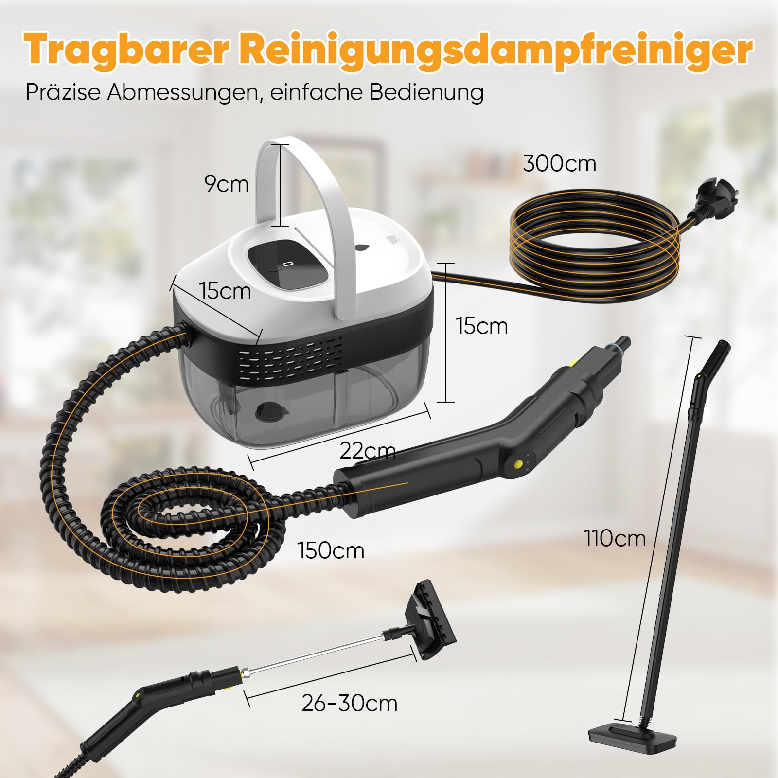 Dampfreiniger Mit 3 Stufig Verstellbarer Griff, Transportwagens, Mop, 1,6 L Wassertank, 15 Sekunden Aufheizzeit, 17 Zubehörteilen, für Boden, Küche, Fenstern,Badezimmern, Autos