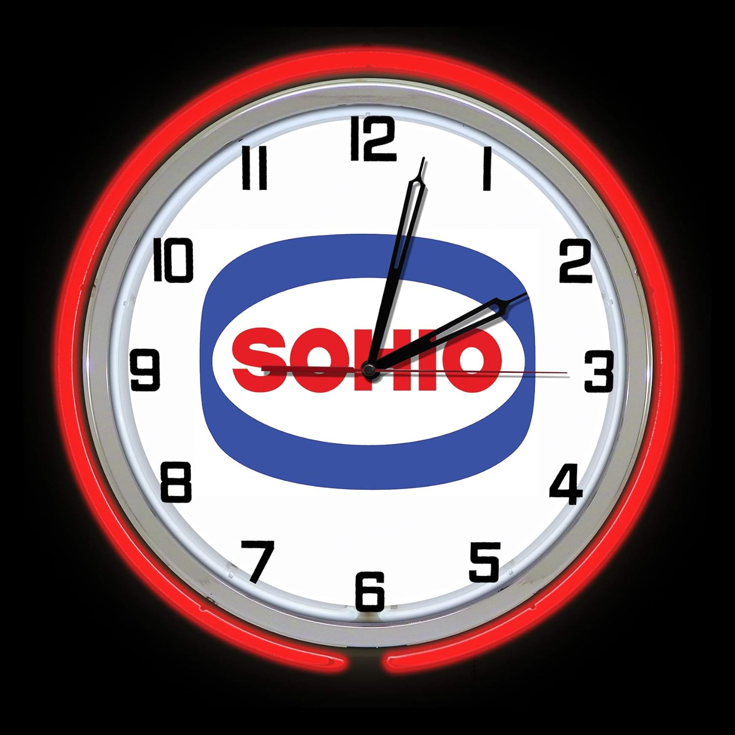 19" SOHIO Oil Gas Sign Double Neon Clock, Red Outside Tube, Two Neon Tubes