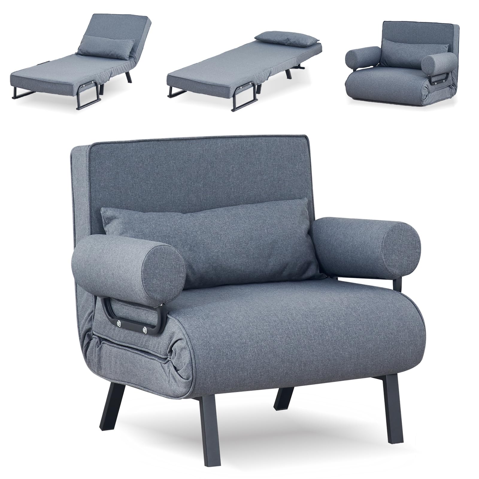 BSTSEL 4 in 1 Convertible Sofa Bed Folding Sofa Chair Bed Padded Seat, Armrests & Pillow Adjustable 6-Position Backrest Recliner Lounge Couch Guest Sleeper Armchair for Home Office (Grey, 65cm) — image 1