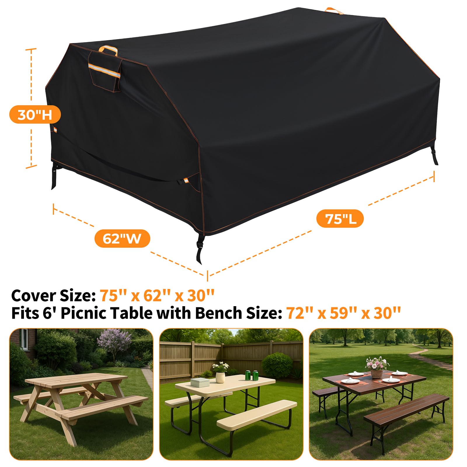 Housse de table de pique-nique en tissu Oxford 420D résistant au vent et aux UV 177,8 x 183 cm Noir