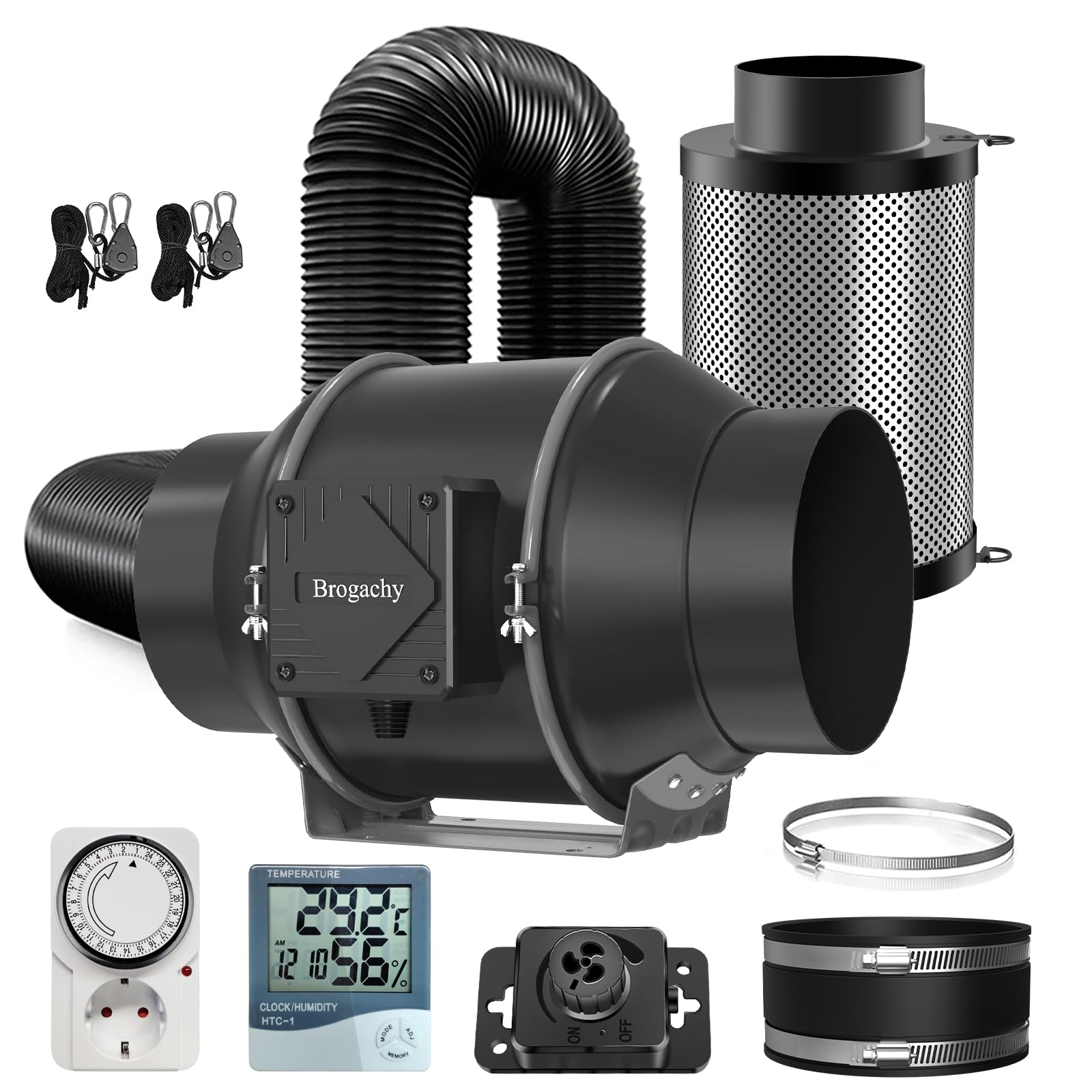 Abluftset 150mm Rohrventilator 688m³/h mit Drehzahlregler, Thermo-Hygrometer,Aktivkohlefilter Abluft Lüftungsset Kohlefilter, 3000 PRM Grow Lüfterset, Belüftungssystem für Growzelt.