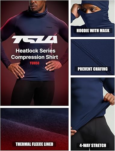 Miniatura 7 de TSLA Camisa térmica de compresión con capucha y mascarilla para hombre, de manga larga, capa base para deportes de invierno, camiseta deportiva