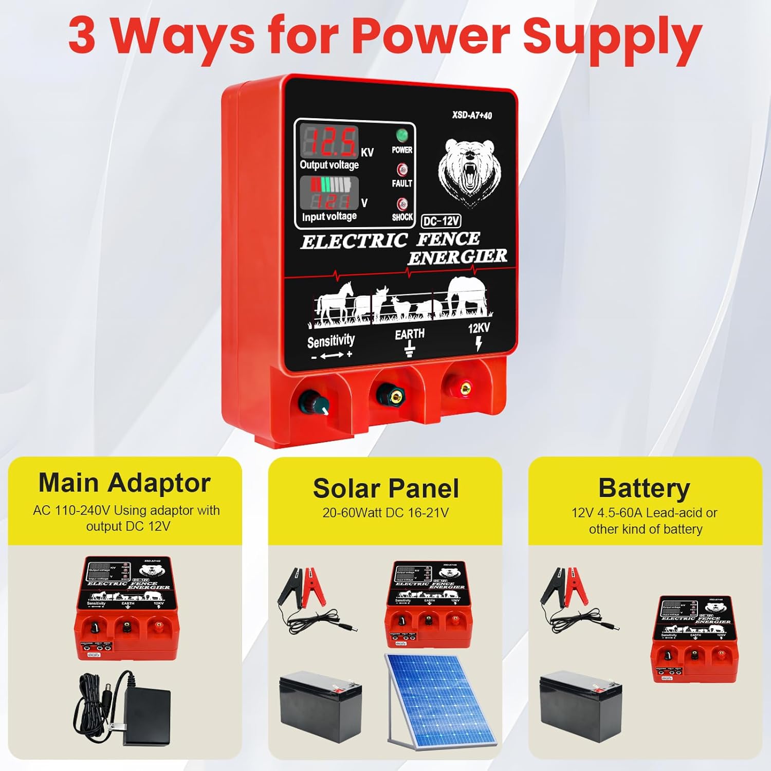 9J Electric Fence Charger Energizer, 9 Joules 20 Miles Plug-in Fencer, AC 110-240V/DC 12V, 12KV High Output Voltage, with Display Alarm and Remote, Deter Predators, Contain Cattle Horses and Livestock