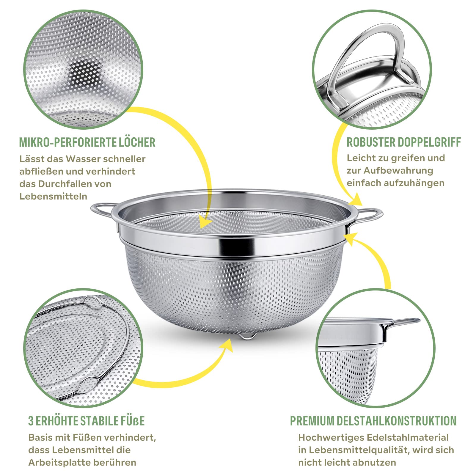 TEAMFAR Sieb, Edelstahl Klein Nudelsieb Abtropfsieb mit Griffen, Micro-Perforierte Seiher Mehlsieb Küchensieb für Nudel/Gemüse/Obst/Reis/Küche, Ungiftig & Spülmaschinenfest, 19,5cm