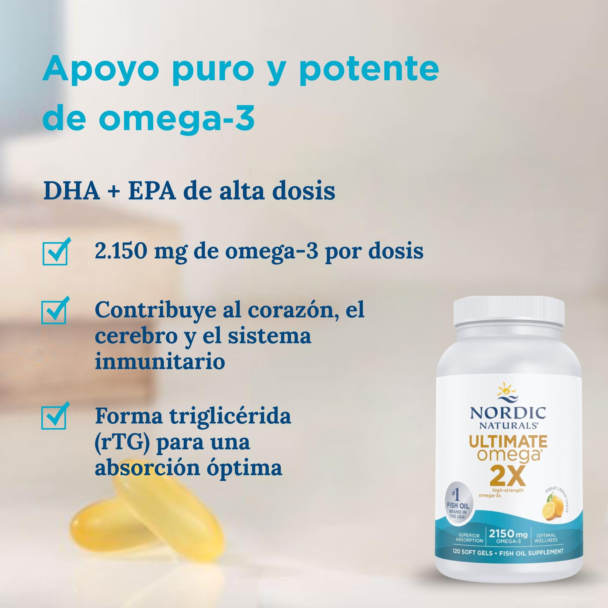 Nordic Naturals Ultimate Omega 3 2X, complementos de aceite de pescado de alta concentración con 2150 mg de omega-3, EPA y DHA, 120 cápsulas blandas, sabor limón, sin soja, sin gluten