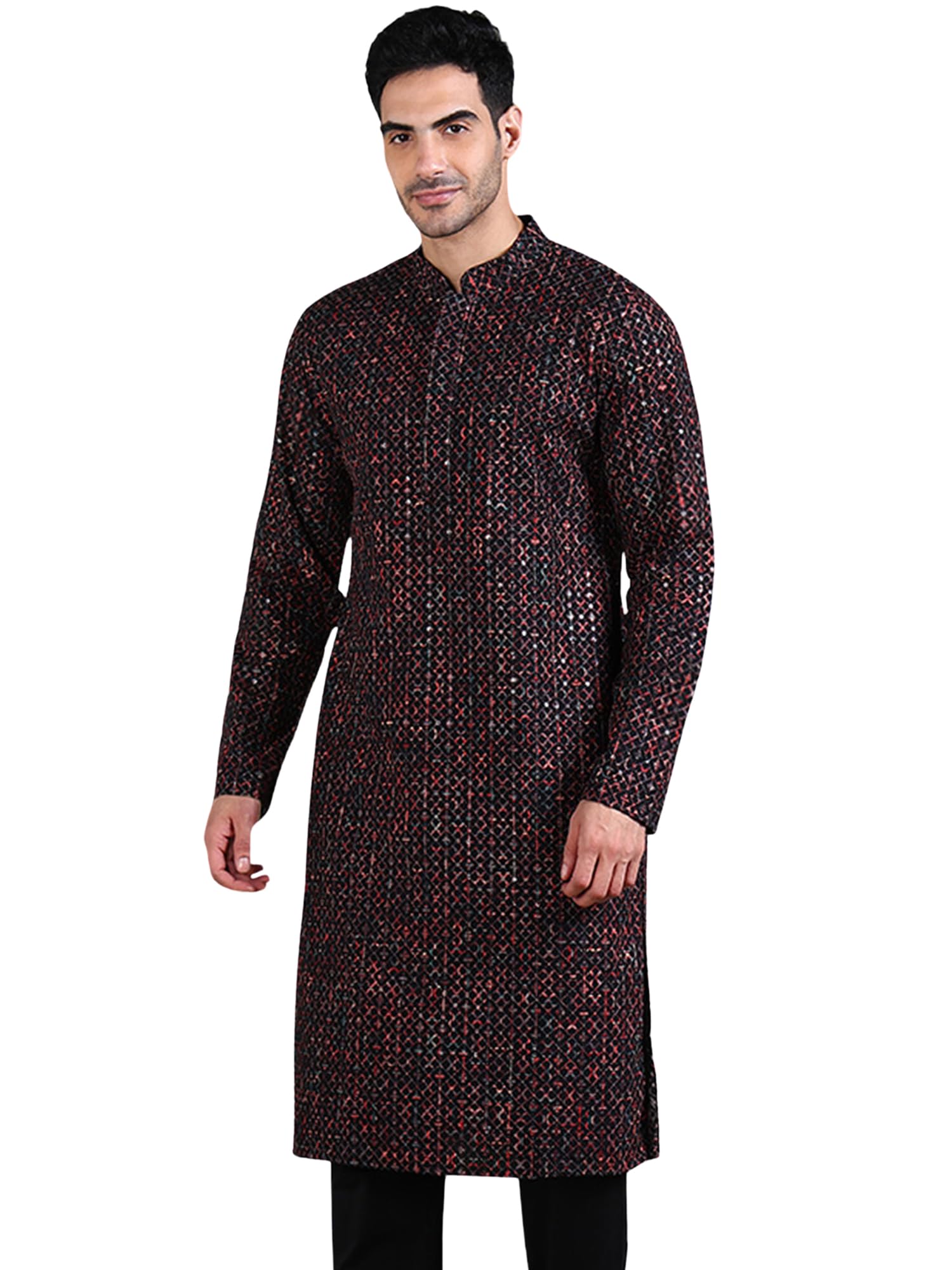 ethnic bay Men's Black Viscose Rayon Geometric Dyed Design Calf Length Kurta Set | Dyed Design Kurtas Sets For Mens | Straight Fit Kurta's For Men-picture-34