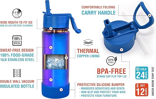 Miniatura 4 de CHILLOUT LIFE - Botella de agua aislada de 22 onzas para niños para la escuela con tapa con popote a prueba de fugas y lindos adhesivos