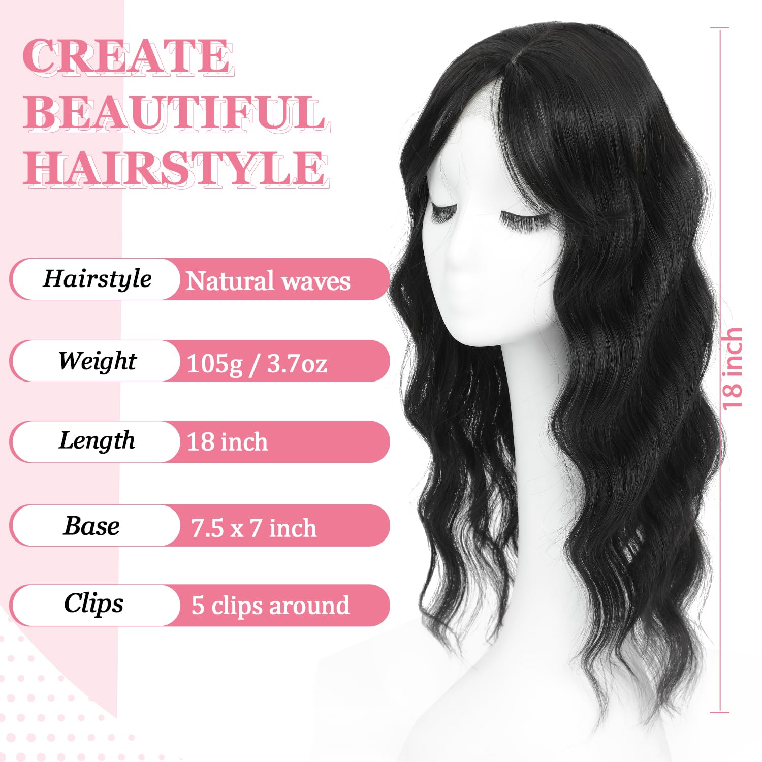 Lasunork Hair Toppers for Women Wavy Curly Clip Hair Topper Clip in Fringe Hand-Tied Lace Hairpieces for Women(18 Inch, Natural Black) - Image 2