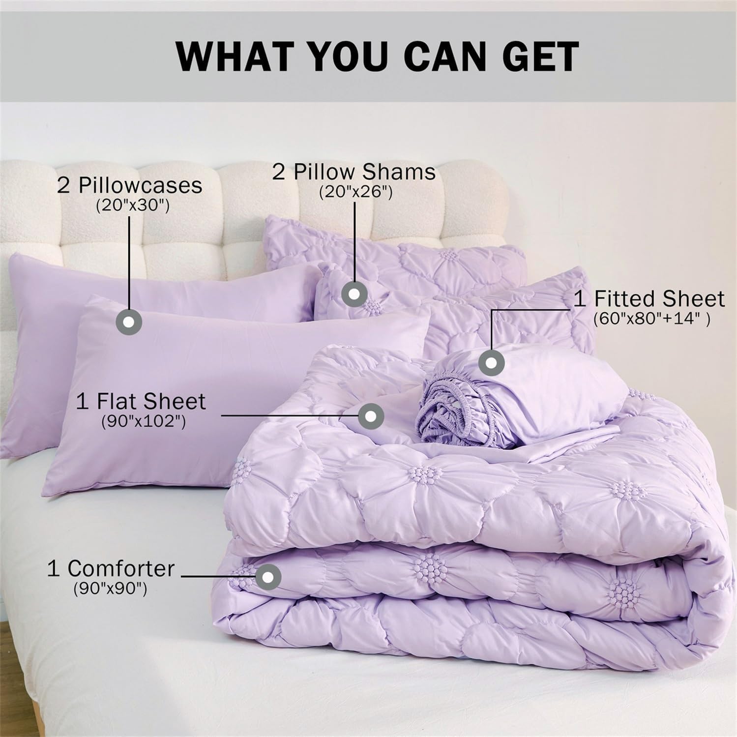 Lavender Pinch Pleat Comforter Set Queen Size-7 Pieces Bedding Comforter Bed in A Bag-Lightweight Microfiber Bedding Set with Comforter,Fitted Sheet,Flat Sheet and Pillow Shams-90 x90