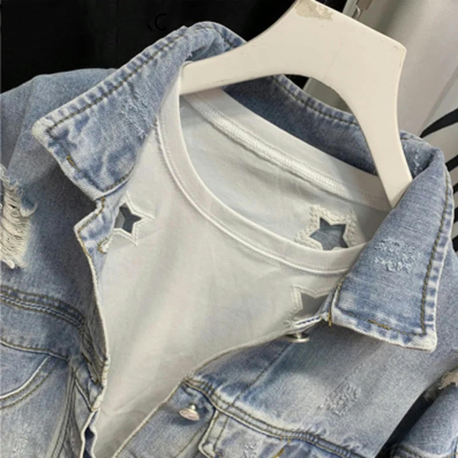 Giacca Uomo Giacca Jean Corta Manica A Pipistrello Hole Bat Women Giacca di Jeans Giacca di Jeans da Donna Strappato