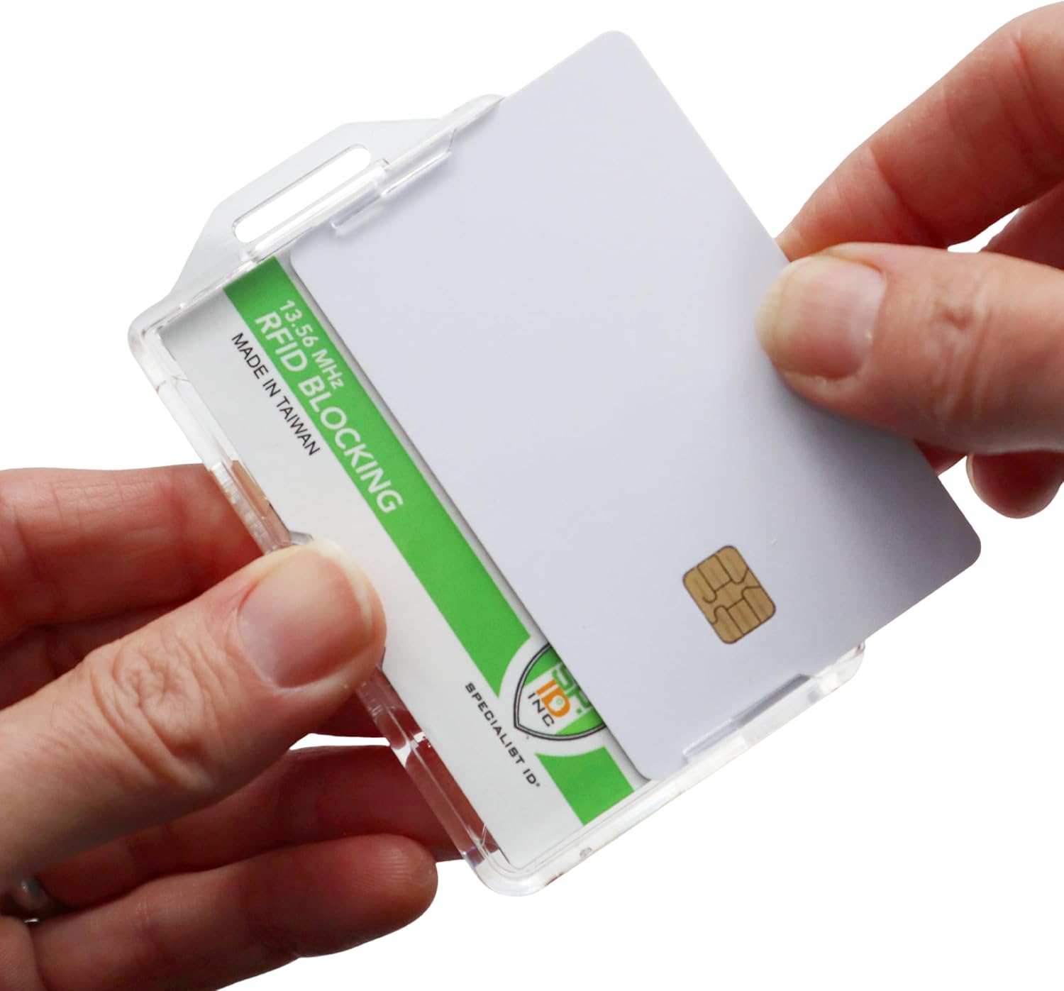 10 Pack - SPECIALIST ID RFID Blocking Badge Holder - Secure 2 Card Holder for Government, HSPD-12, CAC, TWIC, PIV, Smart Cards - Durable Hard Plastic, Dual Sided, RFID Badge Protection (Clear)
