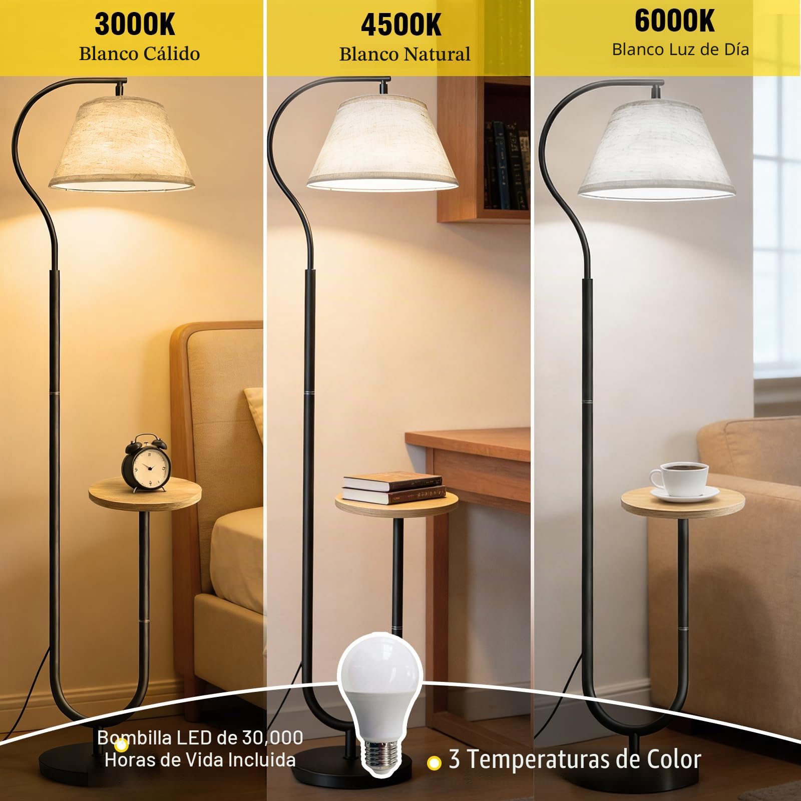 BBHome Lámpara de pie para Salón, Lámpara Moderna con Arco y Estante, Lampara pie con Mesita y Pantalla de Lino, Lampara de pie con Casquillo E27 para Salón, Dormitorio, Estudio y Oficina,Negro