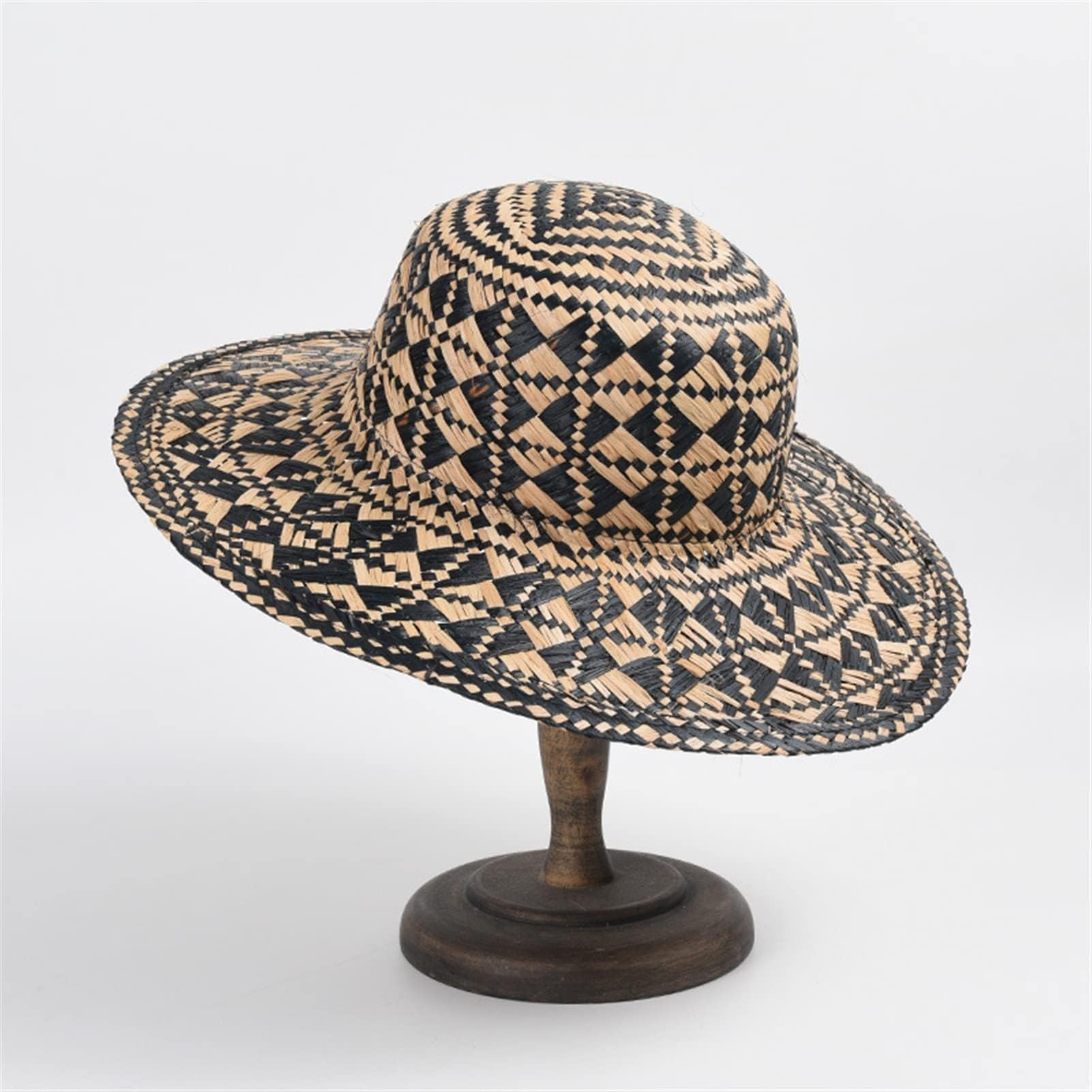 Sombrero para el Sol de Paja con diseño geométrico de Rafia para Mujer, Tejido a Mano, con Rayas, para Playa, con protección UV para Vacaciones de Verano (Negro, Talla única)