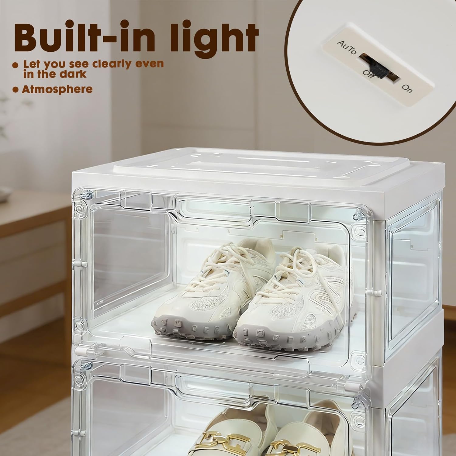 LAFORMO Collapsible Shoe Rack Organizer with Doors & Lights, 6-Tier Foldable Shoe Cabinet with Wheels, Large Plastic Shoe Shelf with Transparent Windows, Easy Assembly Storage for Entryway Hallway