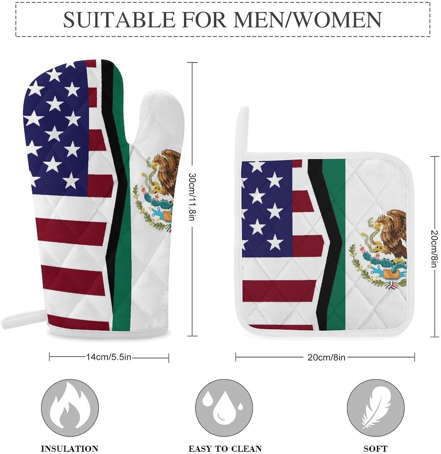 U.S.A Mexican Flag Print Oven Mitts and Pot Holders 3 Piece Sets Heat Resistant Gloves Hot Pads Potholders for Kitchen Baking Cooking