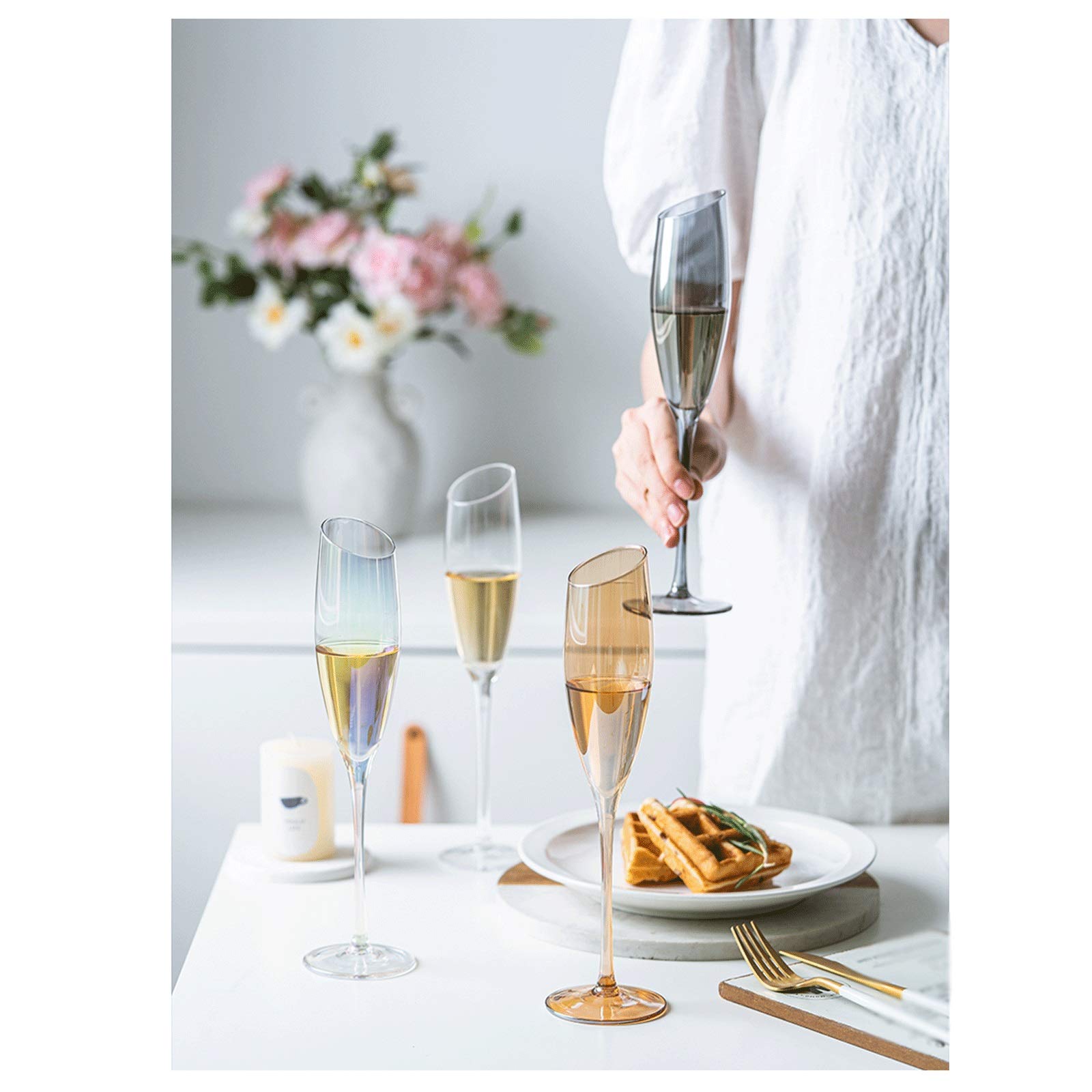 Flûtes à Champagne Verre à champagne biseauté haut de gamme créatif en cristal, flûtes à champagne en verre soufflé à la main - fabriquées à la main par des artisans, 6 pièces 180 ml. Coupes à Champag