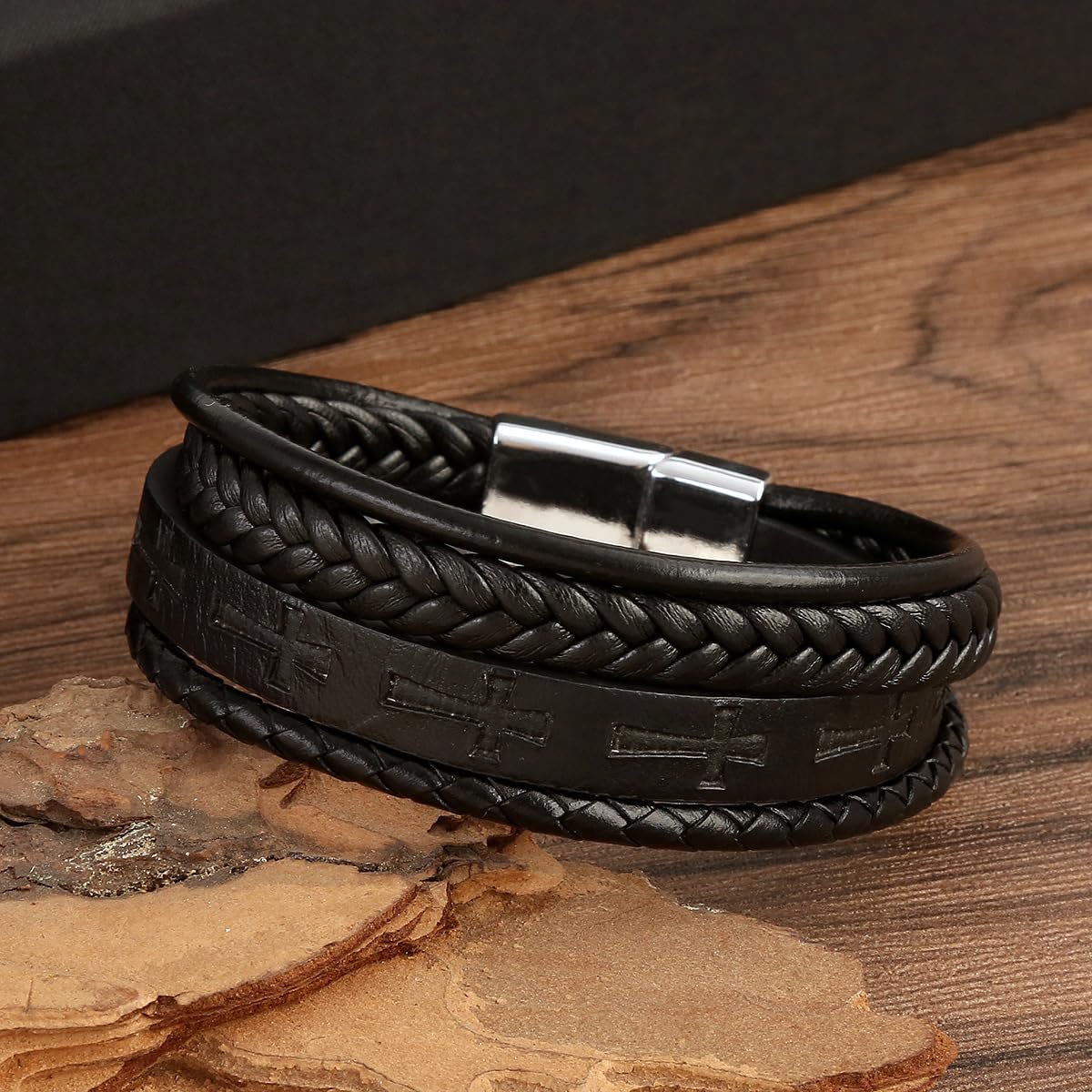 Mens Leather Cross Bracelet Multi-Layer Braided Faith Bracelet Religious Wristband Father's Day 8.5" Memory Bangle with Stainless Steel Buckle - Image 3