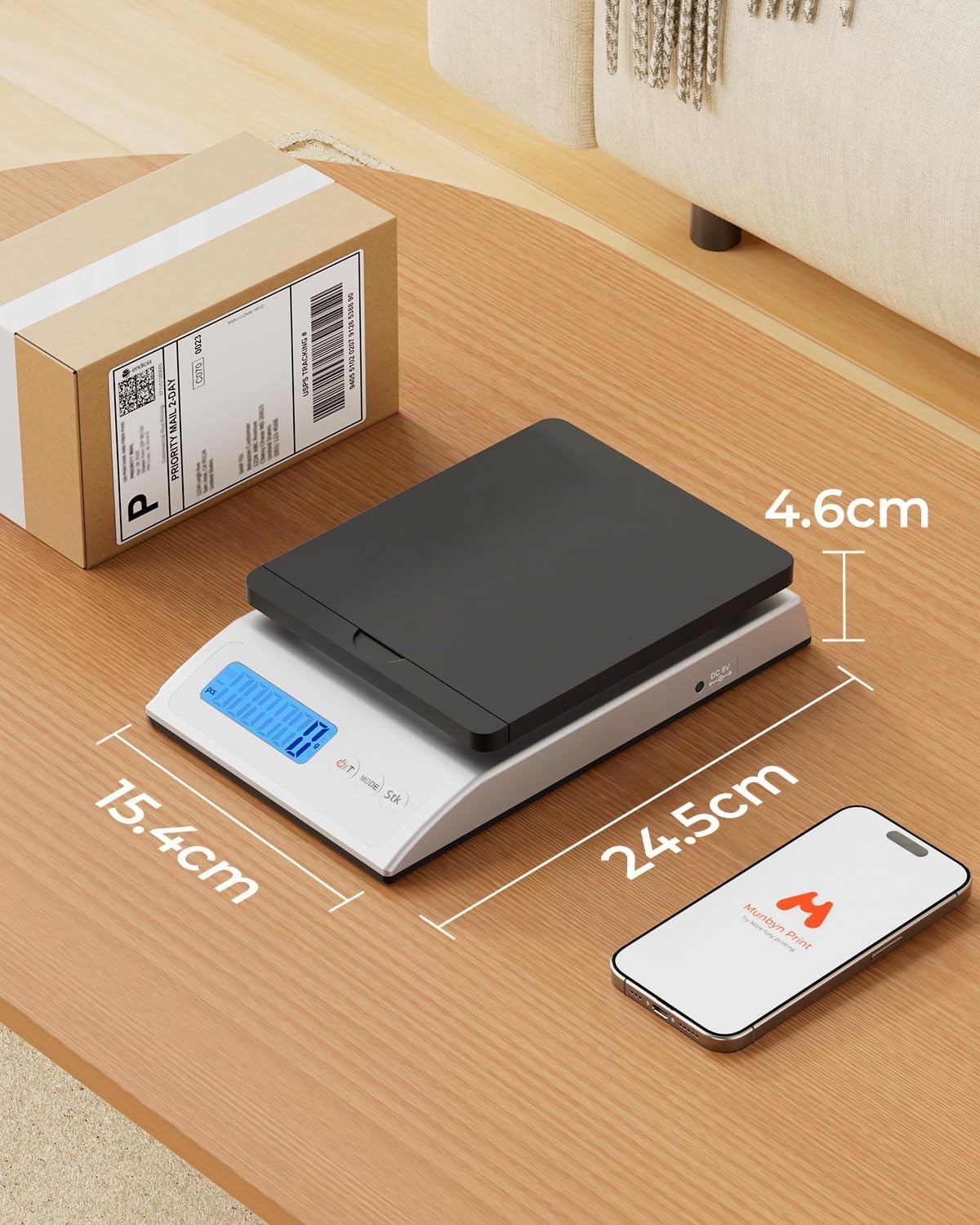 MUNBYN Paketwaage Versand Digitale Postwaage Paketversandwaage 30 kg elektronische Postwaage mit Halte- und Reißfunktion inkl. Maßband AC-Adapter und 1,5 Vx3AAA