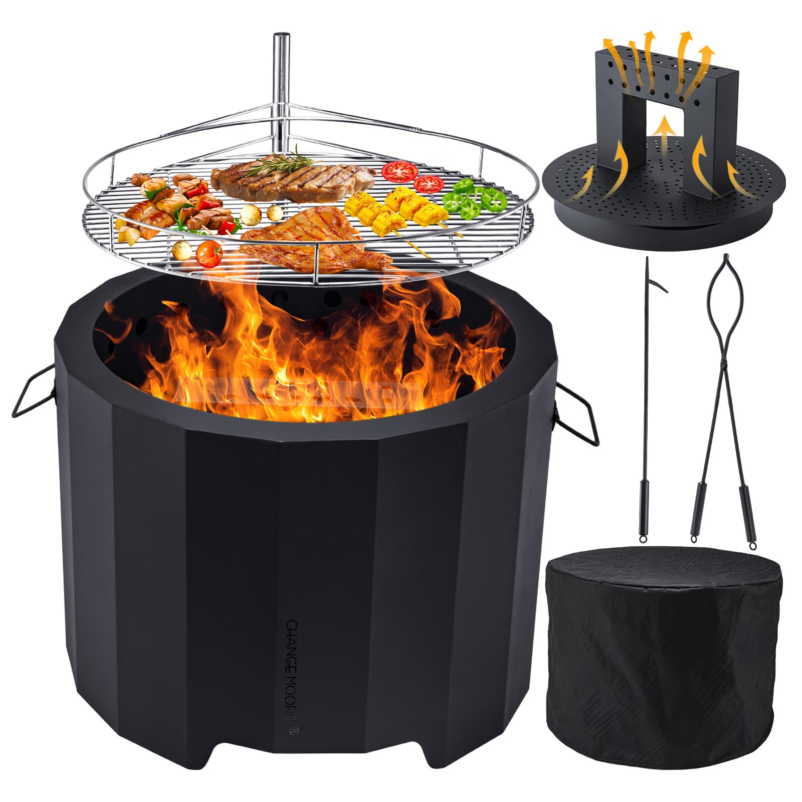 CHANGEMOORE Smokeless Fire Pit, 19.6'' Triple Burn Outdoor Firepit Stove with Removable Ash Collector, Fire Pit Cover, Grill, Poker Set, Wood Burning Fireplace Bonfire for Patio Camping