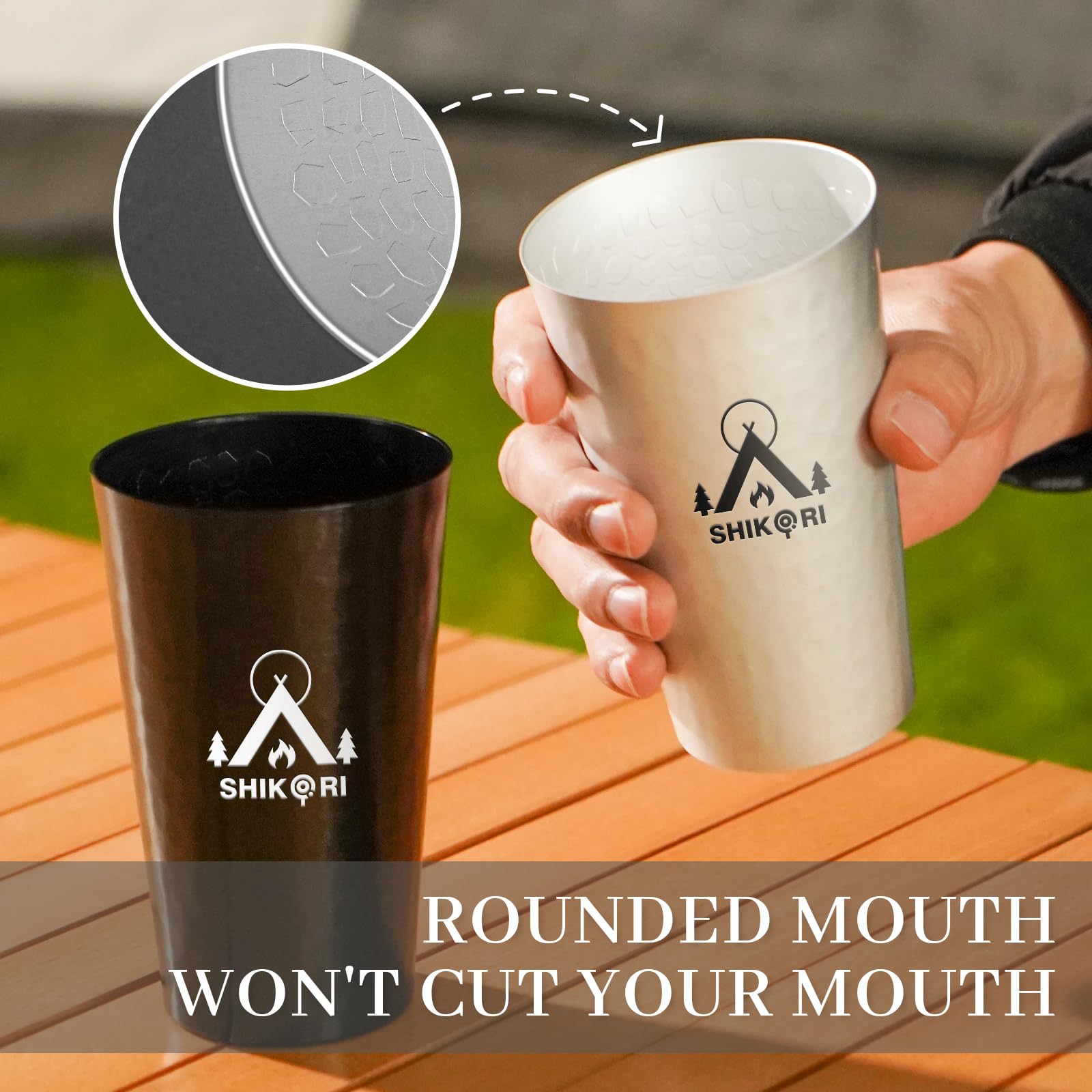 SHIKORI Vasos de metal de 15 onzas, taza de café helado para bebidas frías, vasos de aluminio puro, vasos de cerveza martillados para fiesta de cumpleaños, camping, viajes, suministros al aire libre