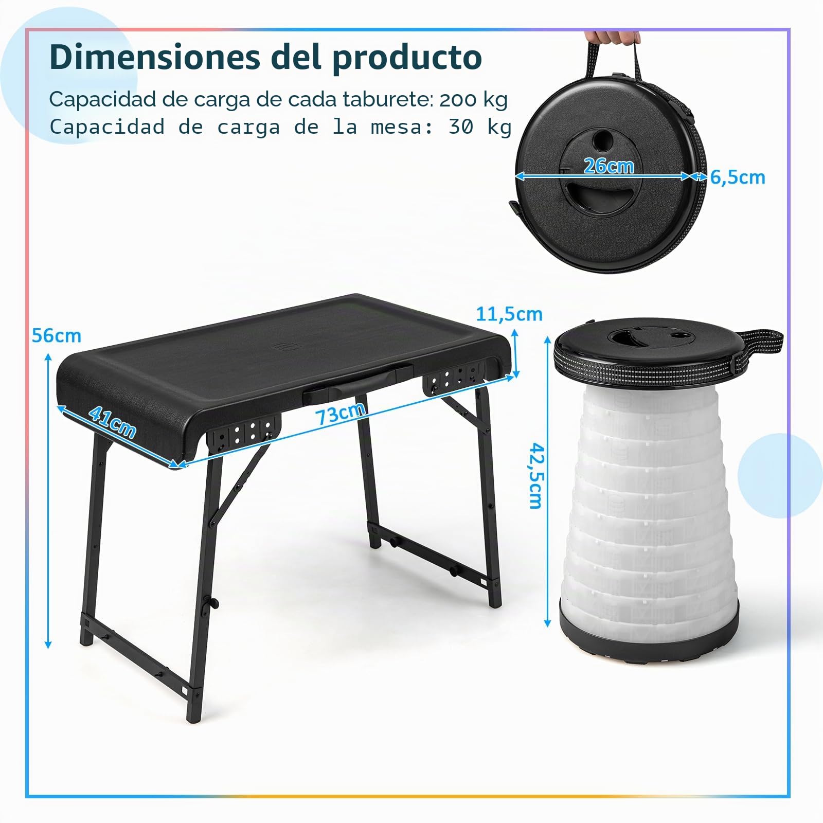 GOPLUS Mesa de camping con 2 taburetes retráctiles LED, juego de 3 piezas para playa, jardín, mesa plegable portátil y 2 sillas ligeras para picnic, barbacoa, pesca