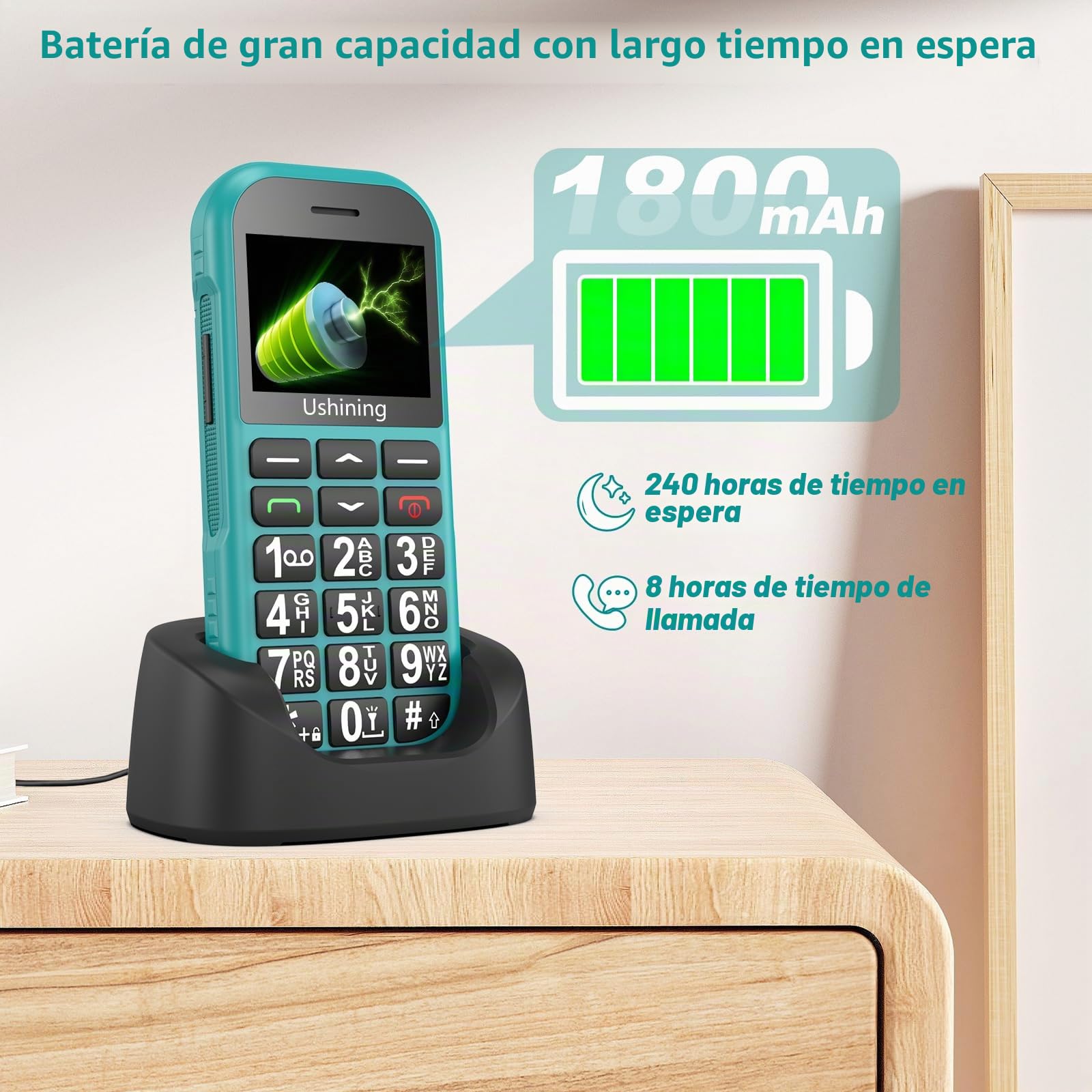 USHINING 4G Teléfono Móvil para Personas Mayores, Teléfono Móvil 4G con Teclas Grandes SOS Botón Linterna USB-C Despertador Marcación Rápida Base de Carga Batería de 1800 mAh, Fácil de Usar, Verde