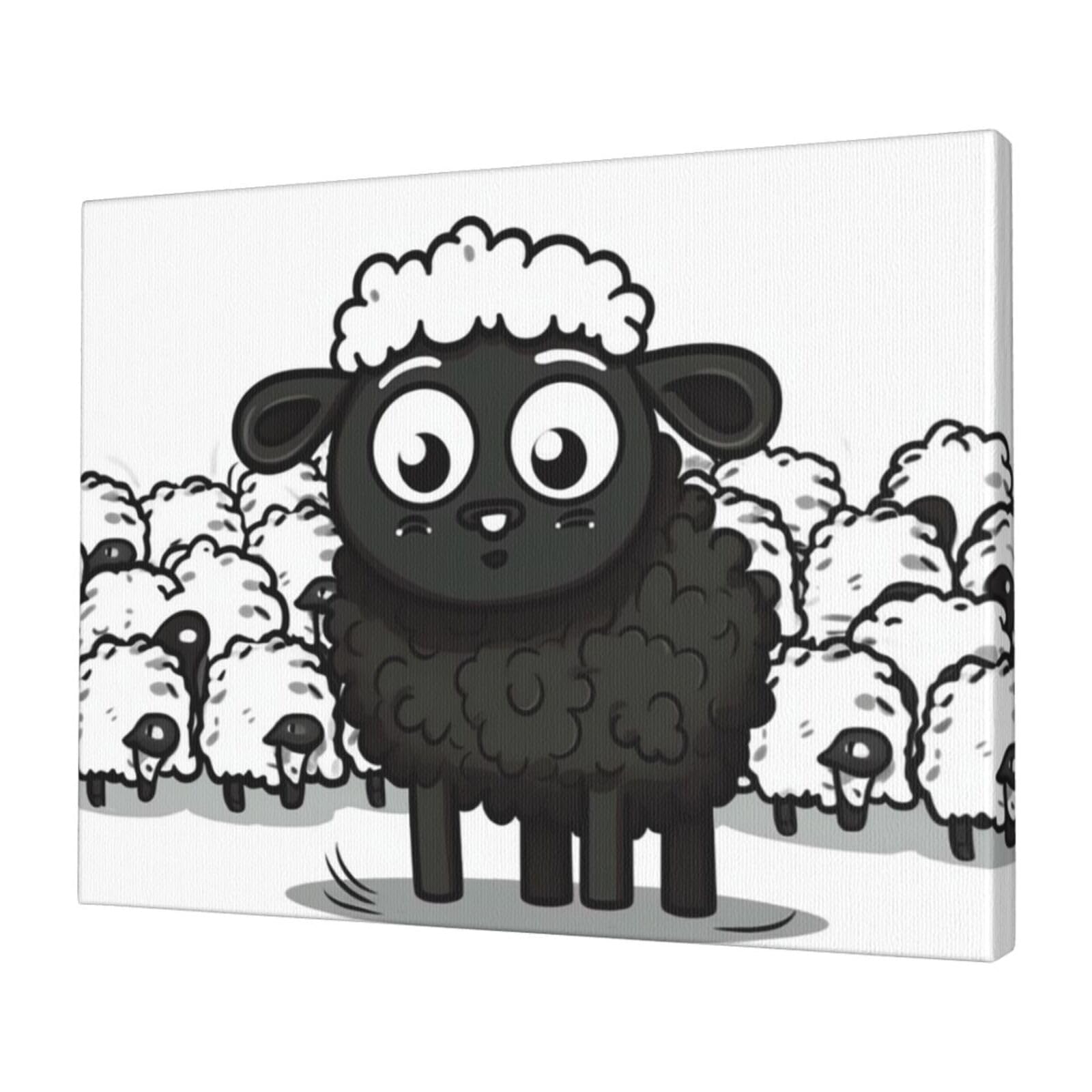KLOPH Cartoon Black White Sheep Canvas Wall Art for Living Room 12"x16" Modern Artwork Painting for Bathroom Hanging Canvas Prints Aesthetic Wallart for Bedroom Kitchen Office Wall Decor
