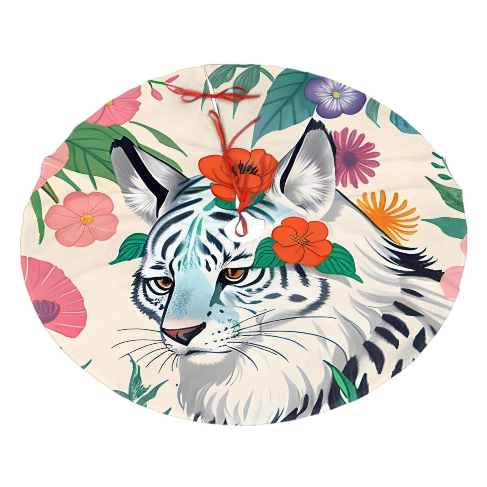 Cute White Tiger Printed Christmas Tree Skirt Christmas Plush Tree Skirt 48 inches (About 112.2 cm) Christmas