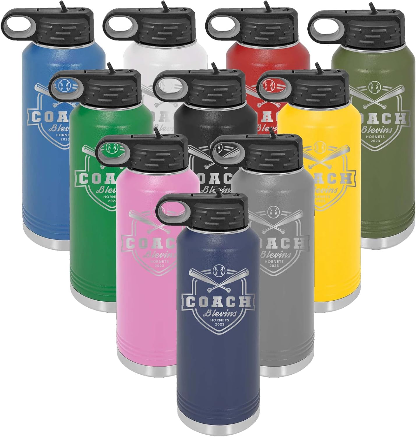 Mato & Hash 32oz Baseball Coach Laser Engraved Water Bottle Royal LASLWB204 Coach S6