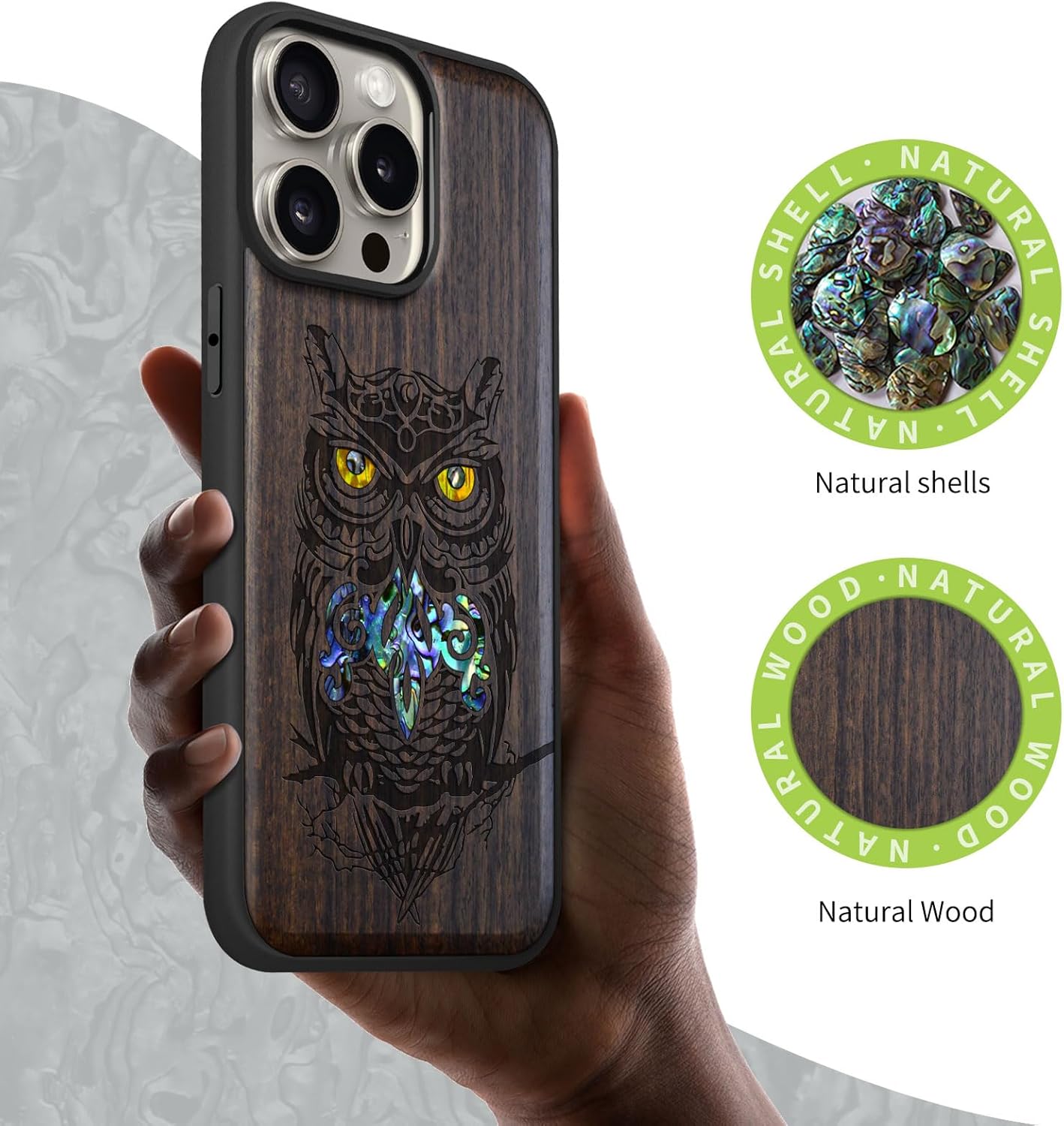 Carveit Wooden Case for iPhone 15 Pro Max Magnetic Case, Compatible with MagSafe Wireless Chargers, Handmade Shell Inlaid & Wood Artisan Engraved (an Owl Perched on a Branch) Blackwood