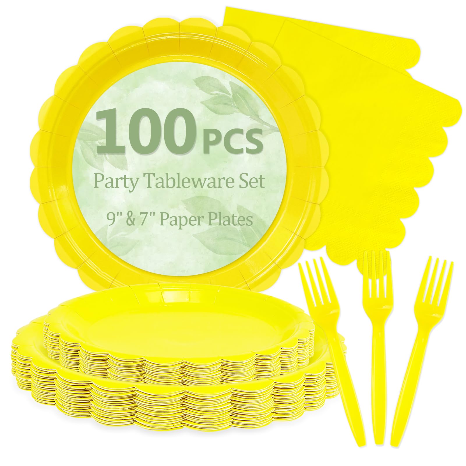 100 Cute Yellow Paper Plates and Napkins Disposable for Party, 25-9"&amp;25-7"