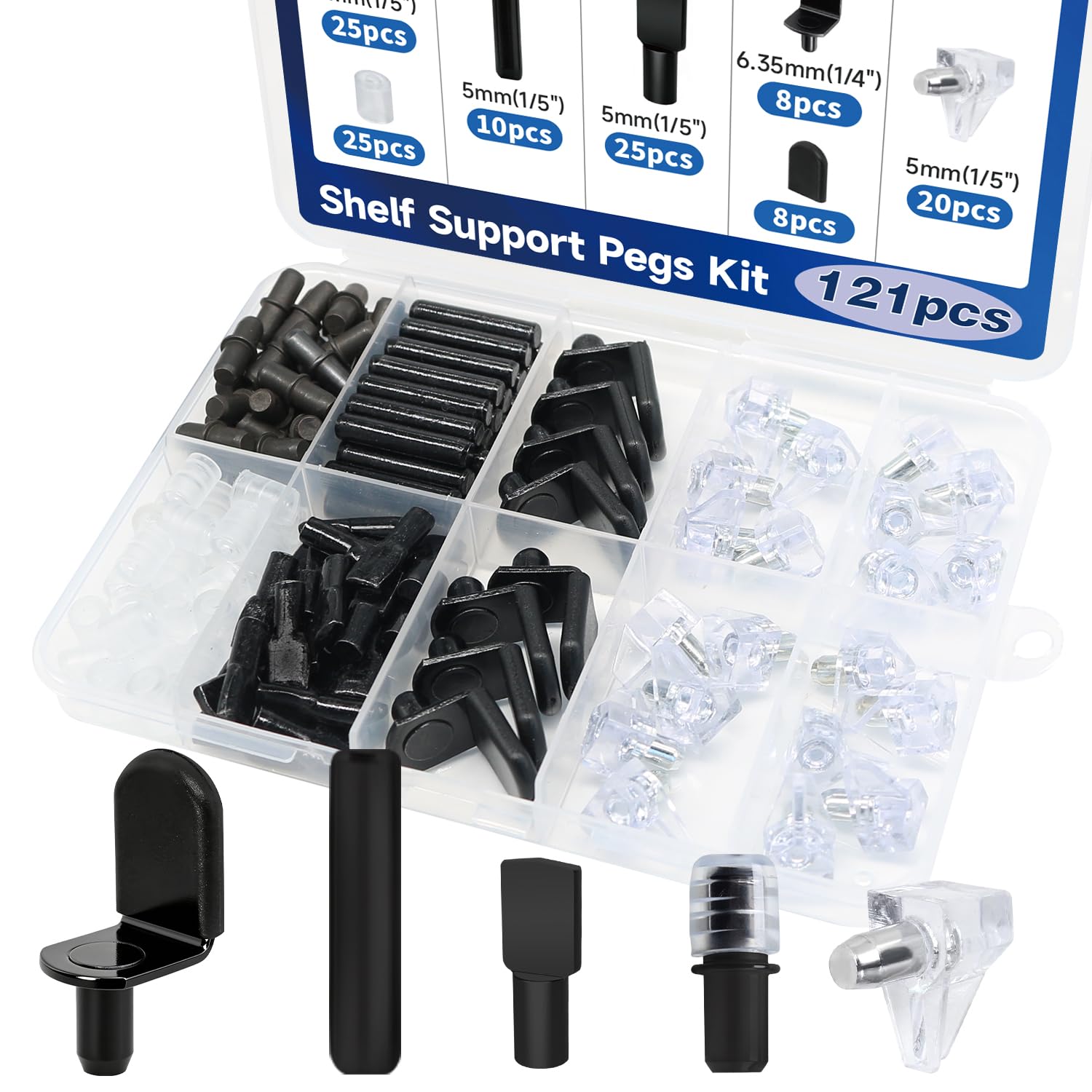 121PCS Black Cabinet Shelf Support Pegs Kit 5 Styles Pins for Wood Shelving Nickel Plated Shelf Holders Peg for Shelves 5mm 6.35mm (1/5inch 1/4inch) YY029-Kit-B