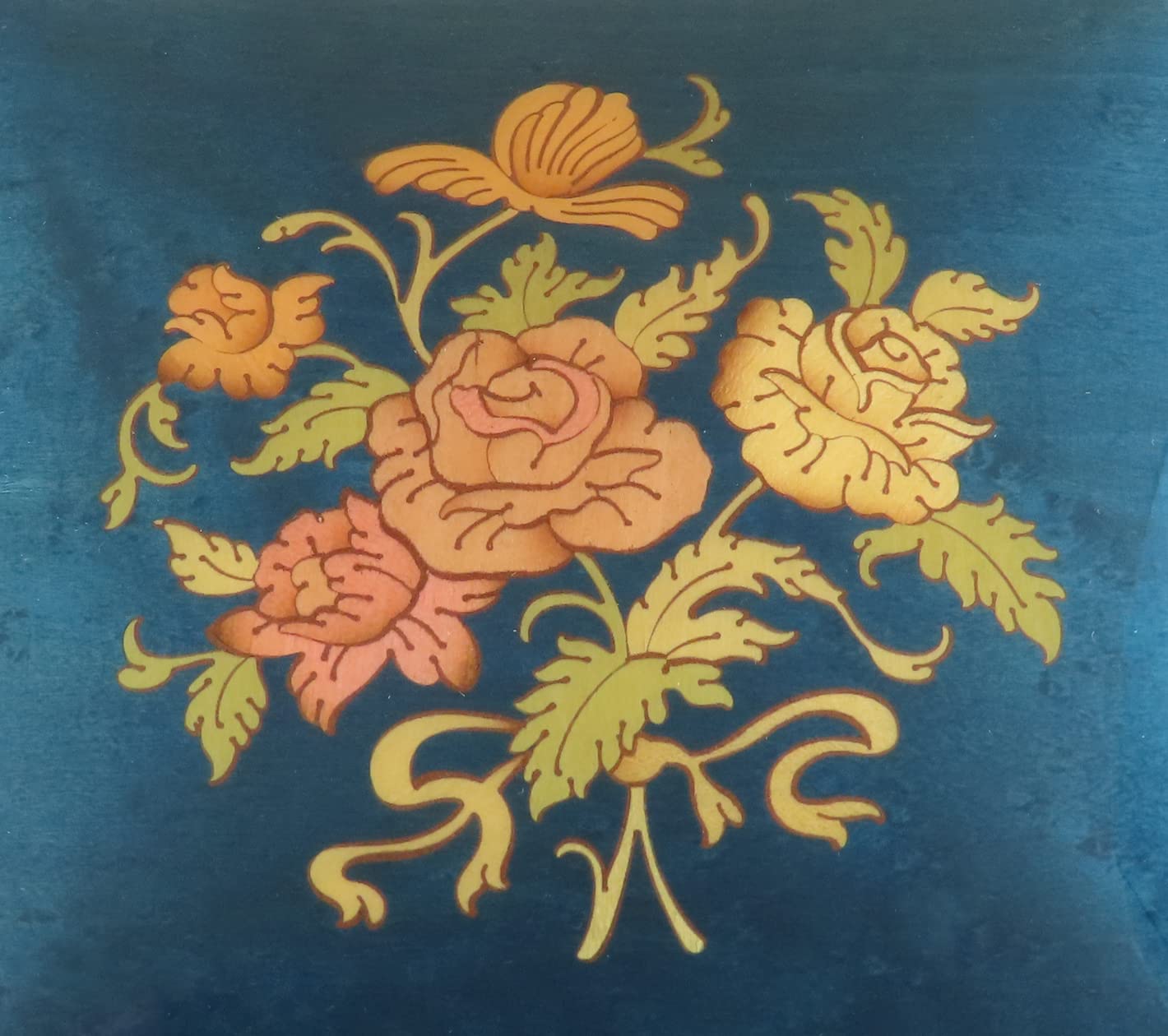 Joyero musical / caja de música para joyas de madera teñida de azul con marquetería ramo de flores y mecanismo musical de resorte de 18 notas - El vals de Amélie Poulain (Yann Tiersen).
